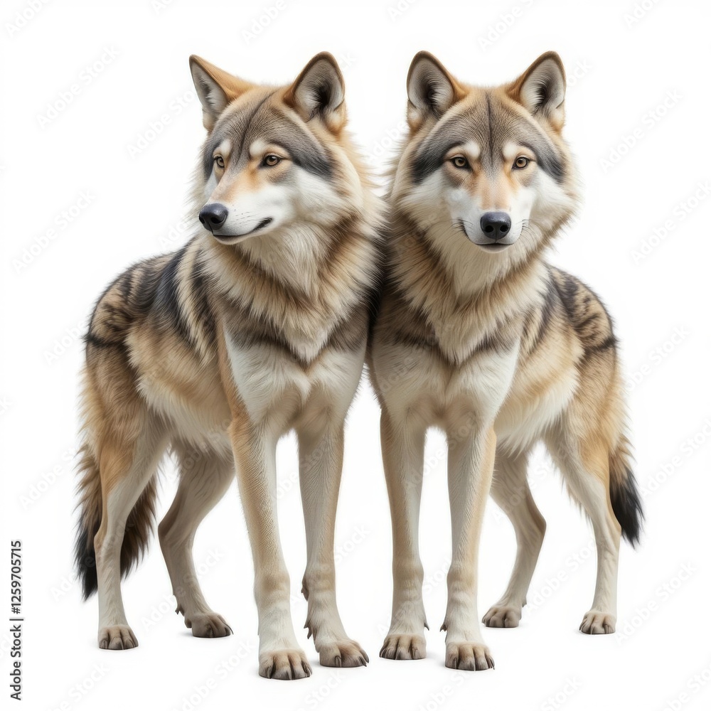 Two wolves standing together isolated on white Two wolves standing together isolated on white