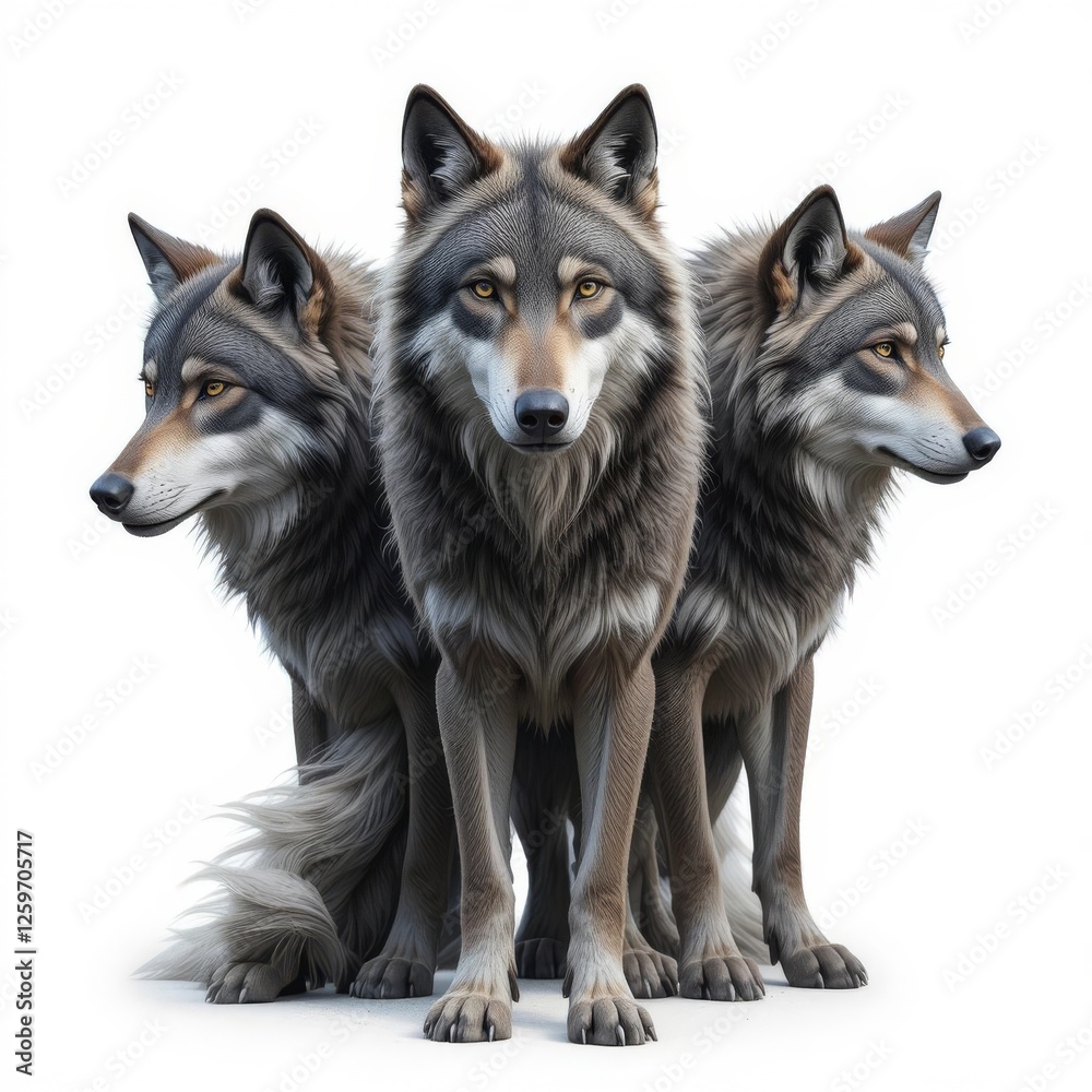Three wolves standing together in a group Three wolves standing together in a group