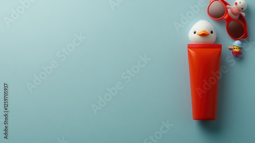 Colorful Beach Accessories Featuring a Toy Duck and Sunglasses Against a Light Blue Background photo