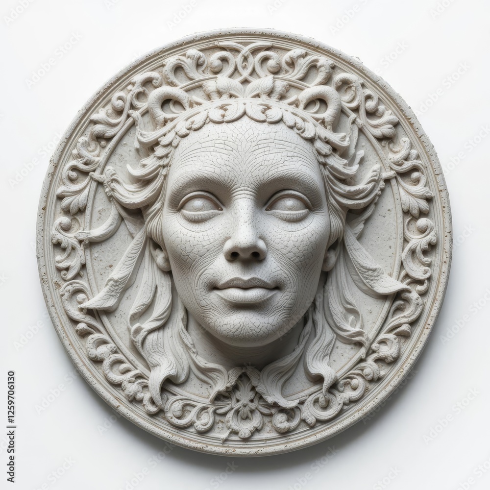 Ornate Circular Bas-Relief of a Womans Face Ornate Circular Bas-Relief of a Womans Face