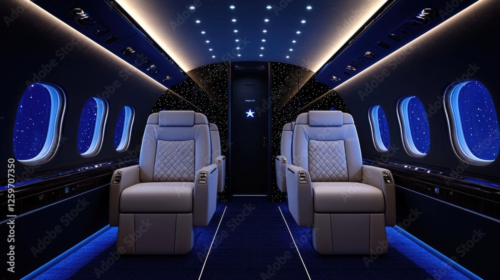 Fototapeta premium Luxurious private jet cabin interior at night, featuring comfortable seats, starry ceiling, and blue ambient lighting.
