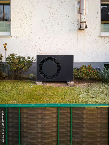 Eine schwarze Wärmepumpe in einem Vorgarten in Langenfeld, Deutschland photo