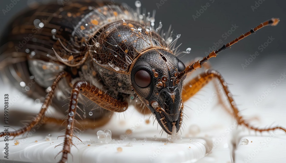 Close-up of a beetle with droplets of liquid Close-up of a beetle with droplets of liquid