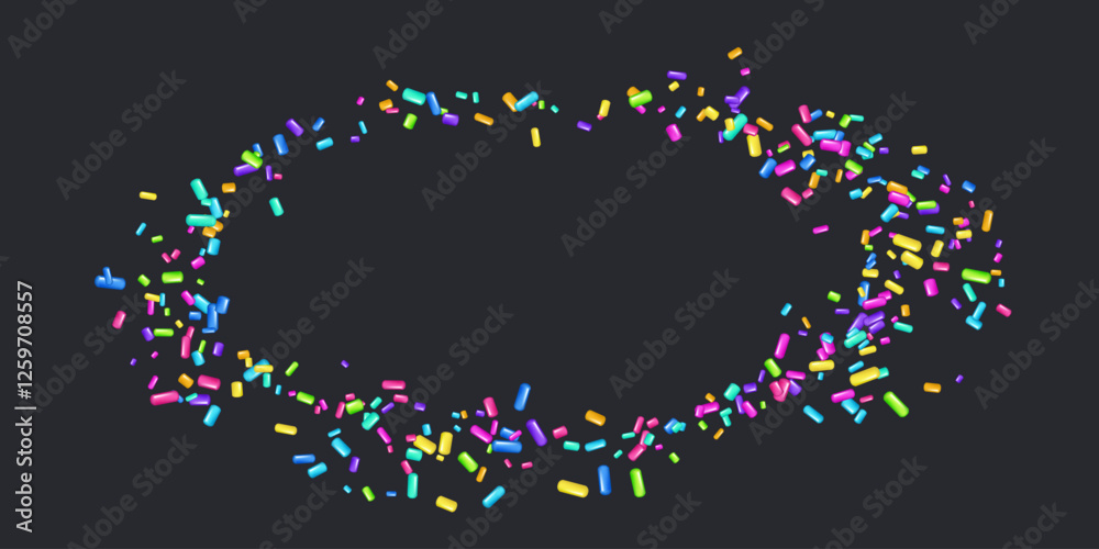 Sprinkle with bright grains of dessert. Round pattern with realistic colorful sweet grains isolated on black. Design for holiday designs, party, birthday, invitation. Vector 3d sweet confetti Sprinkle with bright grains of dessert. Round pattern with realistic colorful sweet grains isolated on black. Design for holiday designs, party, birthday, invitation. Vector 3d sweet confetti