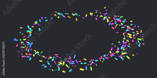 Sprinkle with bright grains of dessert. Round pattern with realistic colorful sweet grains isolated on black. Design for holiday designs, party, birthday, invitation. Vector 3d sweet confetti