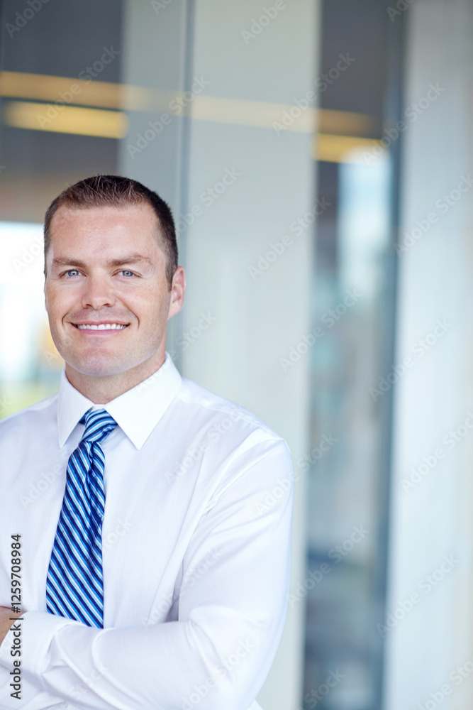 Portrait, corporate and man with confidence in office for accounting, investment deal and experience. Male person, arms crossed and financial growth with pride, consultant and business opportunity