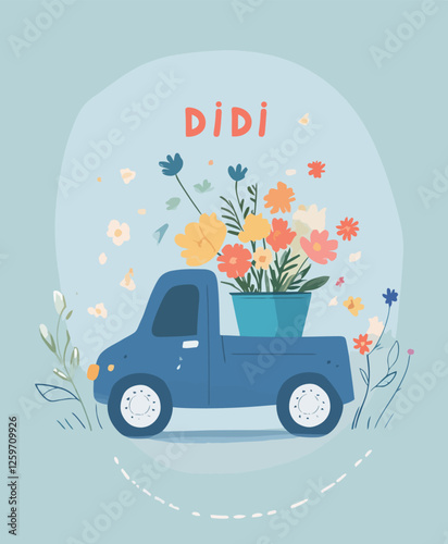  Cute Dog Delivering Flowers in a Blue Truck