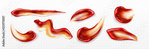 Ketchup smears set isolated on transparent background. Vector realistic illustration of fresh tomato sauce splash, red fruit or vegetable barbecue condiment texture, spicy food seasoning top view