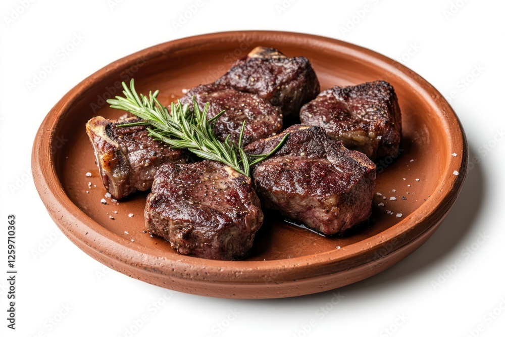 Lamb chops on a terracotta plate with rosemary on the side, isolated on a white background, top view Lamb chops on a terracotta plate with rosemary on the side, isolated on a white background, top view