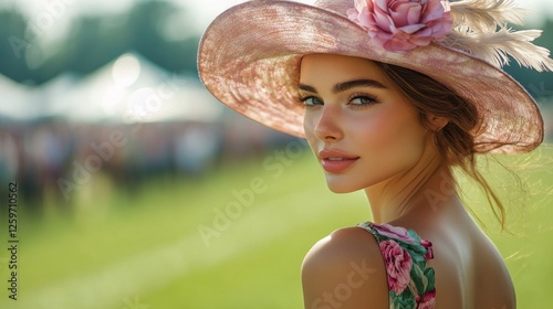 Elegant woman at horse racing event in Old Money style floral dress and hat. High society, blurred racetrack in backdrop photo