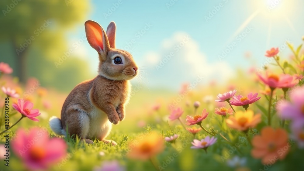 Obraz premium A fluffy bunny rabbit stands attentively in a vibrant meadow of colorful wildflowers, bathed in the warm glow of sunlight.