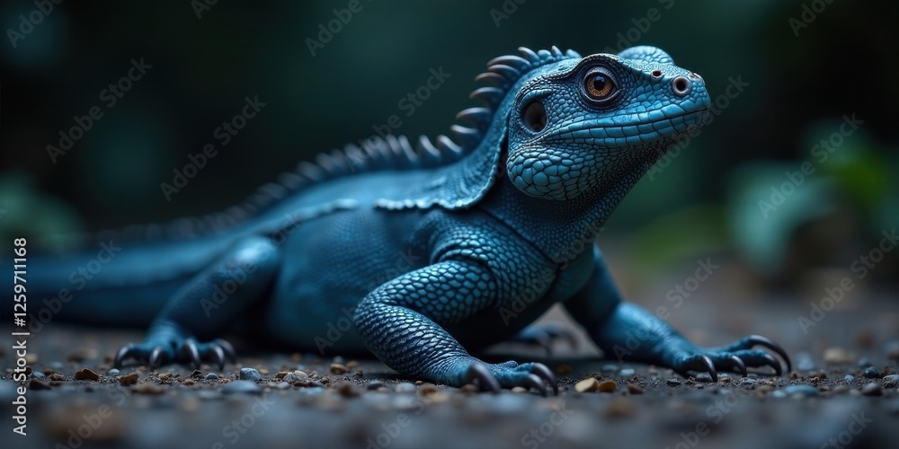 Fototapeta premium A vibrant blue reptile, showcasing intricate scales and sharp claws, rests on textured ground in a dimly lit environment. Its gaze is directed upward, creating a captivating image of wildlife.