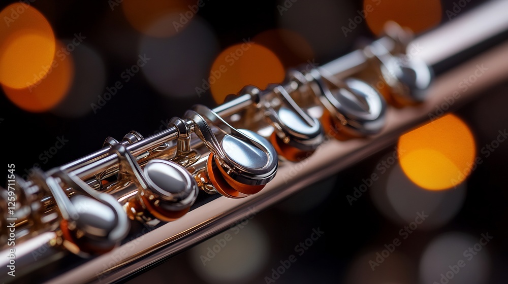 Obraz premium Close-up of a Silver Flute Against a Warm Bokeh Background