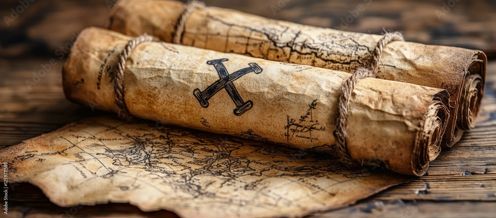Old treasure map scrolls on wood; adventure background Old treasure map scrolls on wood; adventure background