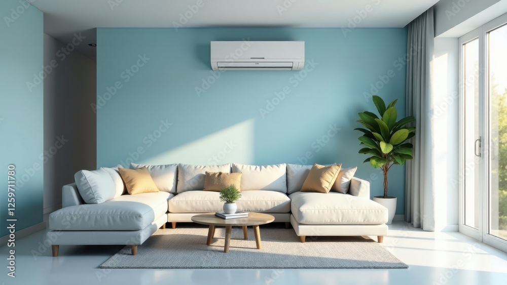 Fototapeta premium Modern Living Room Interior Design with Air Conditioning Unit and Comfortable Sectional Sofa