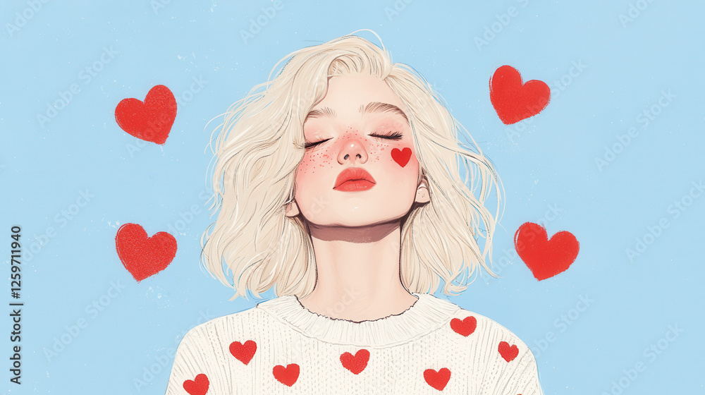 Cute Young Blonde Woman Surrounded by Hearts in an Illustration Cute Young Blonde Woman Surrounded by Hearts in an Illustration