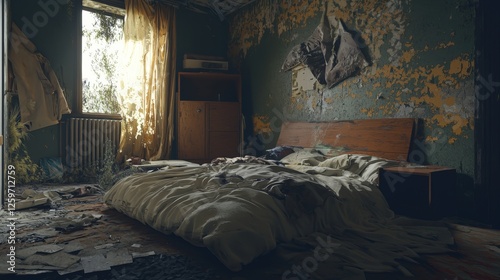 Abandoned bedroom interior slung derelict forsaken outcast photo