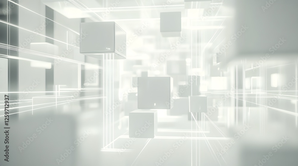 Floating cubes and glowing lines create a futuristic scene Floating cubes and glowing lines create a futuristic scene
