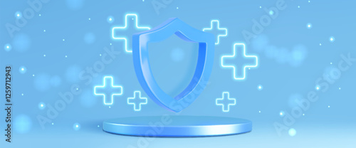 3D medical podium with floating shield and glowing neon crosses. Blue health protective stage design with sparkling particles. Healthcare protection platform for pharmaceutical presentation.