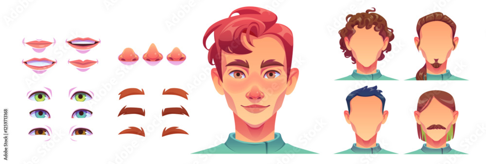 Man face construction parts with facial elements - mouth expressions, nose shapes, eye variants with different colors, eyebrow sets and portrait example. Hairstyle options for character customization.