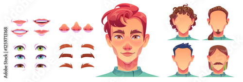 Man face construction parts with facial elements - mouth expressions, nose shapes, eye variants with different colors, eyebrow sets and portrait example. Hairstyle options for character customization.