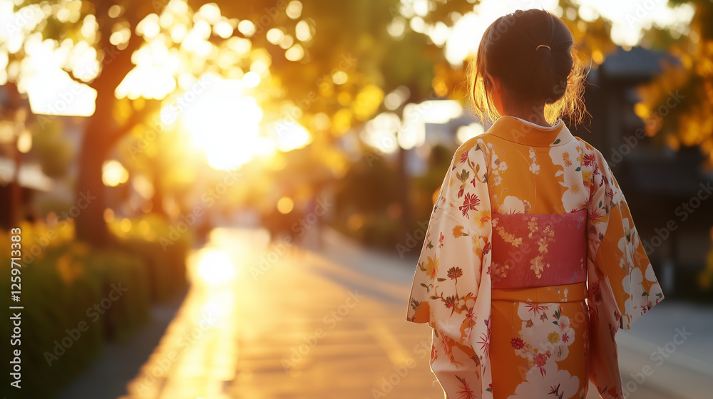 back view of a young Japanese girl in a vibrant, colorful kimono walking along a path. The warm summer sunlight illuminates the scene as she heads towards a festival, capturing the