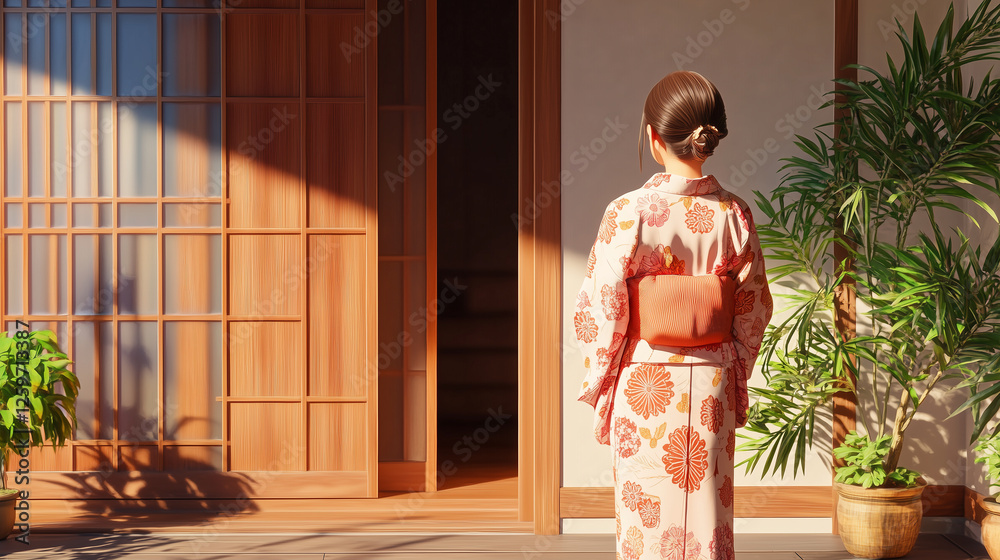 girl dressed in a beautiful flower-patterned kimono stands in front of a wooden door in a Japanese-style home located in the heart of Ishibe Alley, Kyoto. She looks around, waiting girl dressed in a beautiful flower-patterned kimono stands in front of a wooden door in a Japanese-style home located in the heart of Ishibe Alley, Kyoto. She looks around, waiting