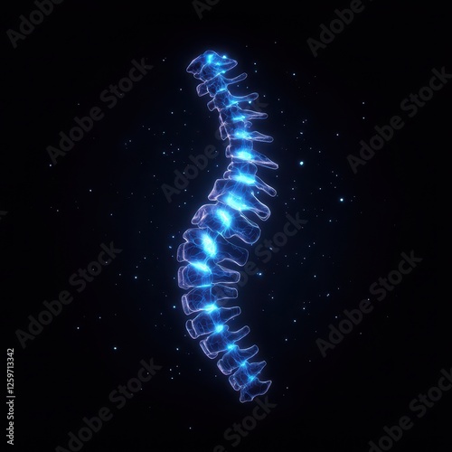 Futuristic Biomechanical Spine Model with Wires and Circuits Against a Starry Background
