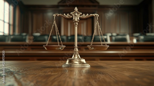 A symbolic representation of justice, a scale stands in a courtroom, highlighting the importance of fairness and balance in legal proceedings, surrounded by the wooden furniture of the judicial system photo