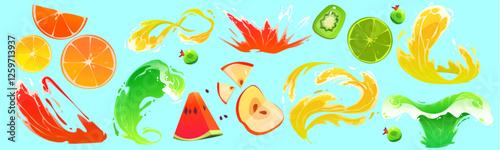 Fresh fruit juice splashes with sliced ingredients - orange, lemon and lime circles, watermelon triangles, apple pieces, kiwi rounds and gooseberry. Dynamic swirl liquid motion elements with drops.