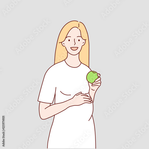 Pregnant woman with an apple in her hand on a diet. Hand drawn vector illustration