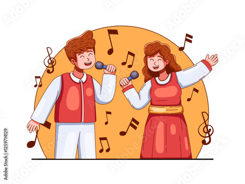 Vector illustration of a couple happily singing together with a microphone. 
Perfect for design themes related to music, social media, presentation, etc. 