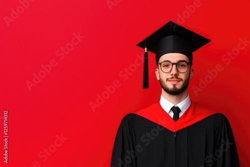 Happy male graduate in cap and gown against a red background.