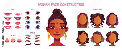 Woman face construction set with Indian character elements - traditional bindi mark, golden earrings, mouth expressions, nose and eye options, eyebrow and hairstyle shapes for character customization.