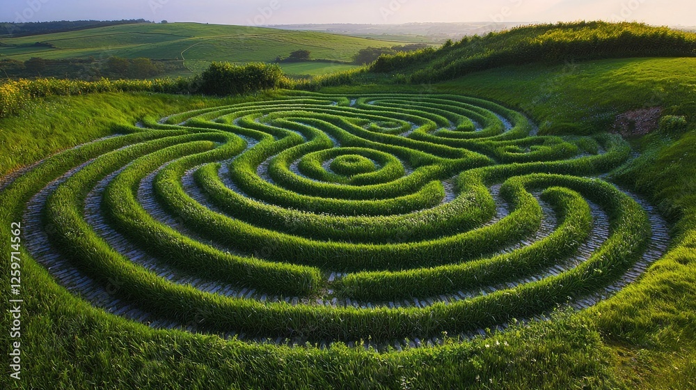 Aerial view of a lush green maze in a rural landscape during sunset, inviting exploration Aerial view of a lush green maze in a rural landscape during sunset, inviting exploration