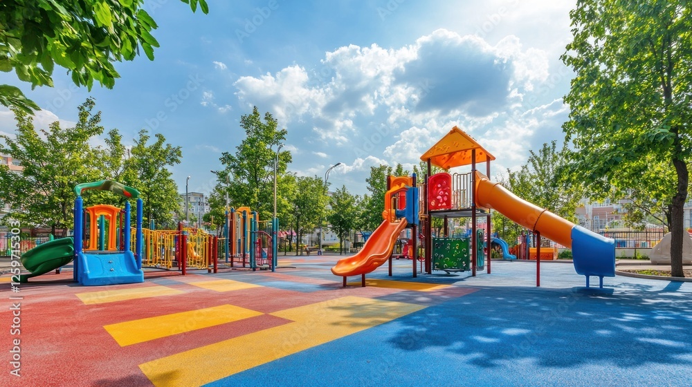 A vibrant playground with slides and climbing structures under a sunny sky. A vibrant playground with slides and climbing structures under a sunny sky.