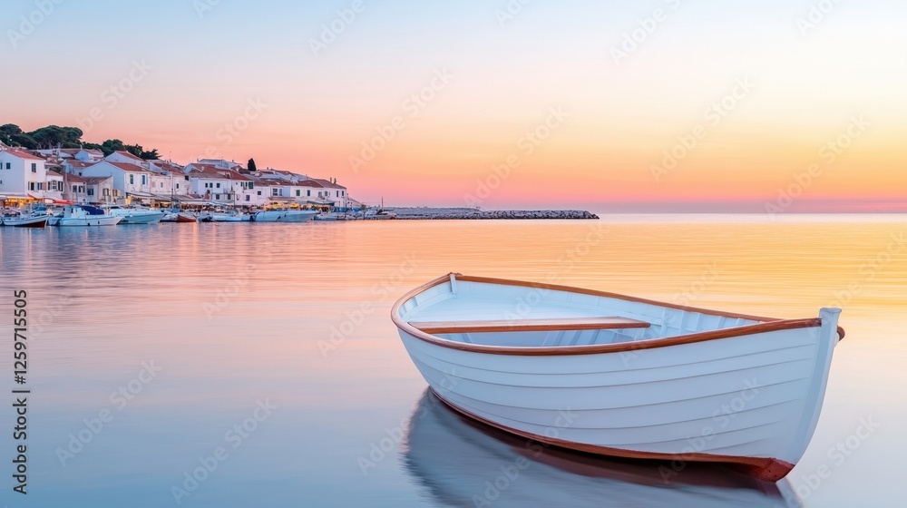 Naklejka premium Mediterranean, harbor, tradition, A serene scene of a small white boat on calm waters, reflecting a stunning sunset and picturesque coastal village.