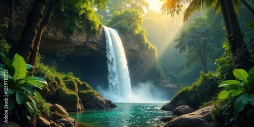 Wallpaper Mural Serene Waterfall Cascading into a Lush Emerald Pool Surrounded by Vibrant Tropical Foliage Bathed in Golden Sunlight Torontodigital.ca