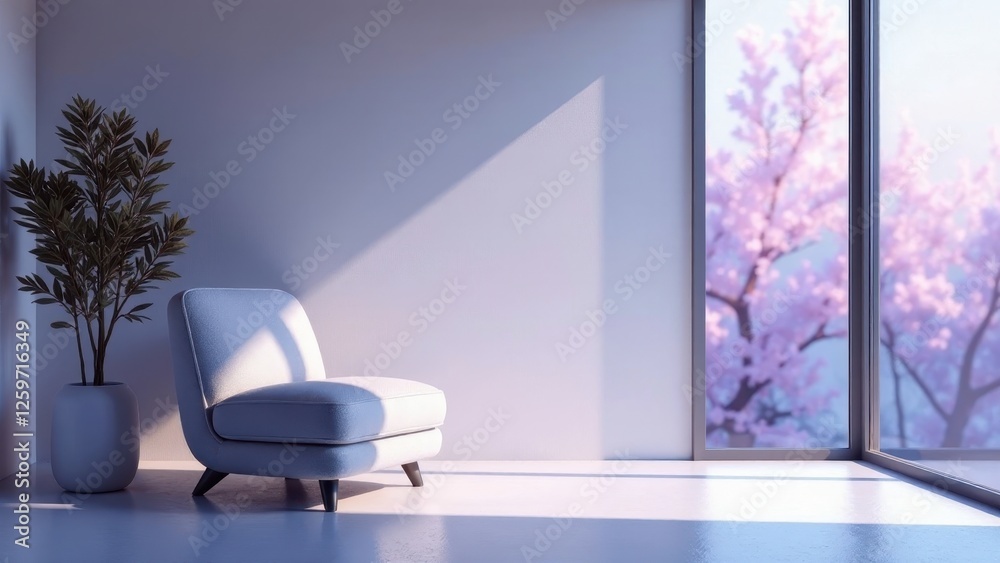 Serene Minimalist Interior Design with a Modern Armchair and Blooming Tree View Serene Minimalist Interior Design with a Modern Armchair and Blooming Tree View