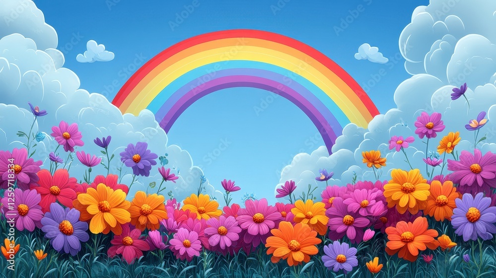 Rainbow over colorful cosmos flowers in a field Rainbow over colorful cosmos flowers in a field