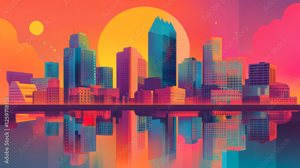 Obraz premium vintage retro illustration metropolitan city landscape district background