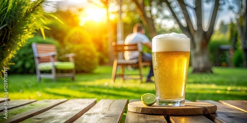 Golden Hour Relaxation A Frosty Pint of Beer on a Wooden Table in a Sunny Garden with a Person Relaxing in the Background