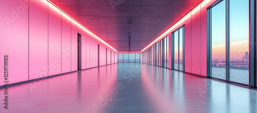 Pink neon hallway, city view, sunset. Modern office design