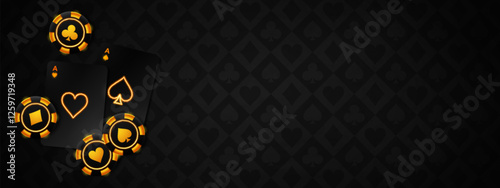 Black casino background with golden glowing poker chips and cards scattered on dark patterned surface. Realistic luxury gambling elements - neon suits symbols on playing aces and gambling tokens.