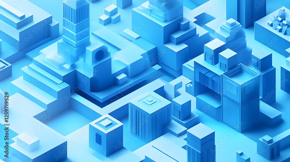 Isometric view depicts abstract city landscape made of cubes Isometric view depicts abstract city landscape made of cubes