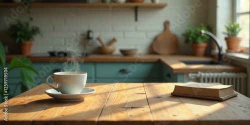 Wallpaper Mural Morning Calm A steaming cup of tea sits on a sunlit wooden table, beside a book, in a peaceful kitchen setting. Torontodigital.ca