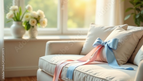 Serene living room couch with pastel ribbon bow on pillow, bathed in sunlight