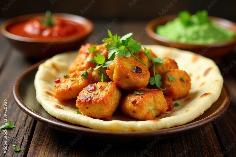 Succulent chicken tikka chunks nestled in a soft chapatti , flavorful, tikka, aromatic Succulent chicken tikka chunks nestled in a soft chapatti , flavorful, tikka, aromatic