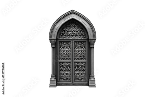 Ornate Gothic Arch Window Mysterious Grey Stonework Intricate Detailing Elegant Design