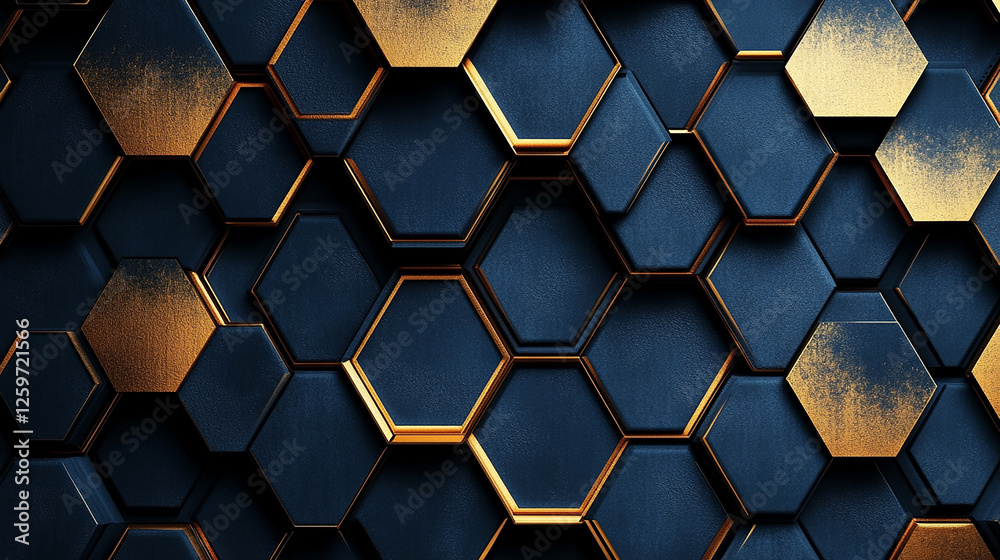 Abstract technology background with gold glowing hexagons. Abstract Blue Background with Hexagons and Shapes. Abstract technology background with gold glowing hexagons. Abstract Blue Background with Hexagons and Shapes.